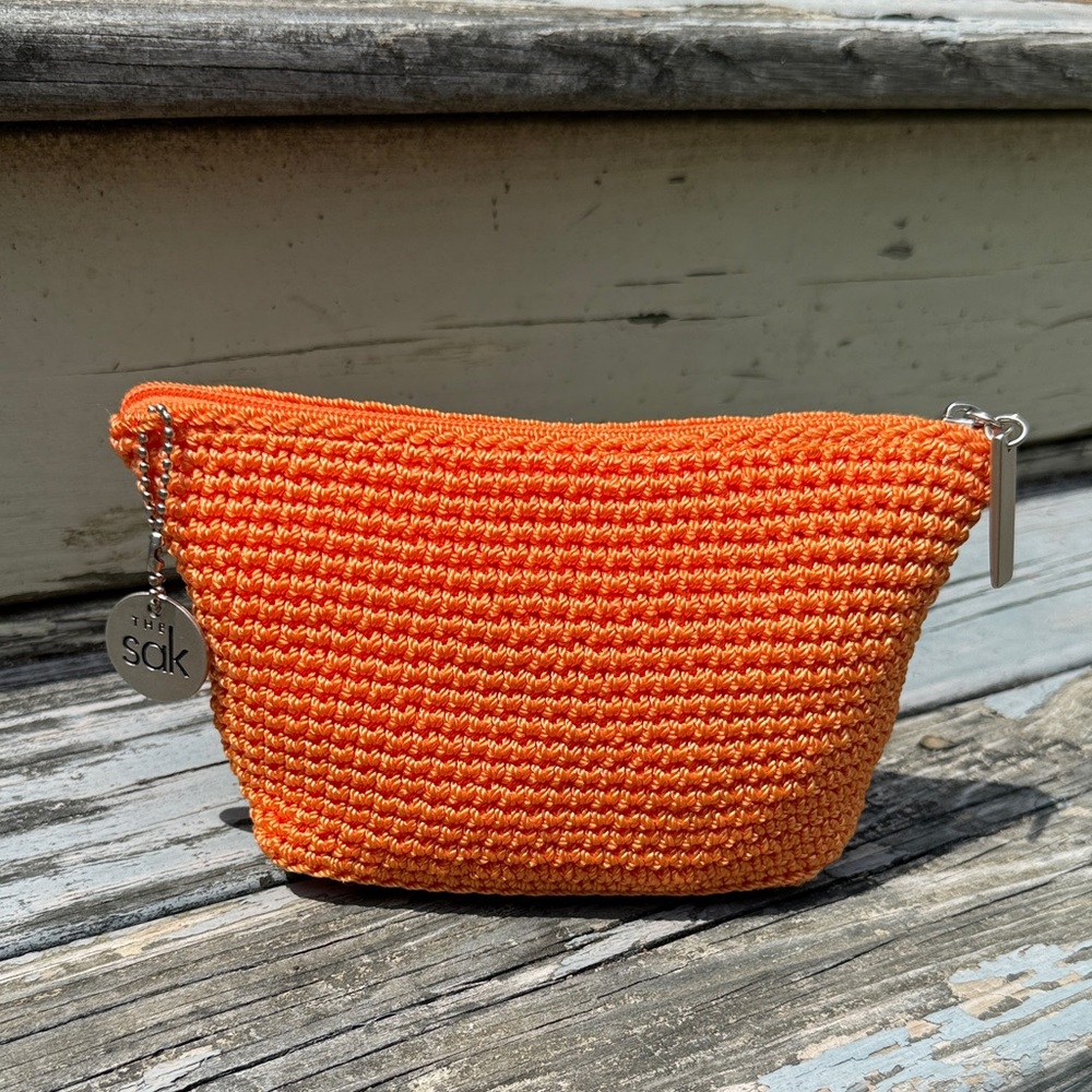 The Sak Bright Orange woven crochet Clutch case cosmetic makeup bag boho purse